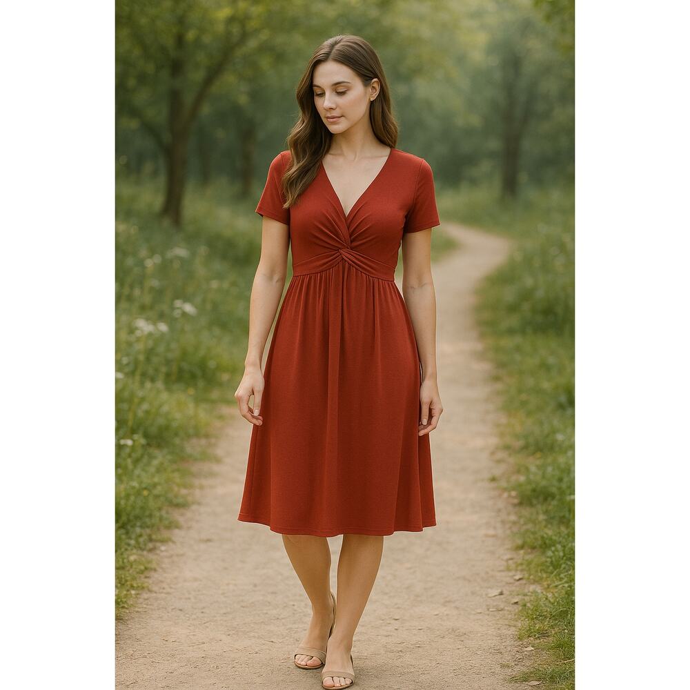 Wren Ivory Red Fit Flare Dress M Empire Waist Tie Knot Modest Career Cocktail